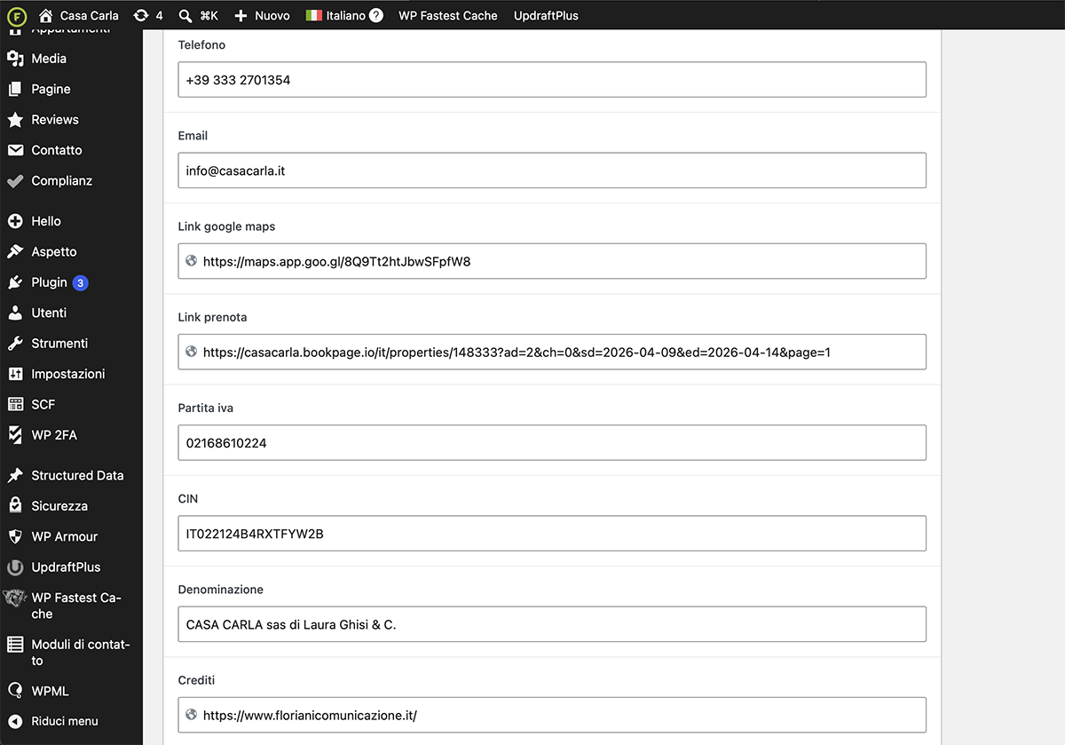 Casa Carla WordPress backend with a custom meta box for apartment configuration and a site options page with ACF fields for business name, VAT number, phone number and social links