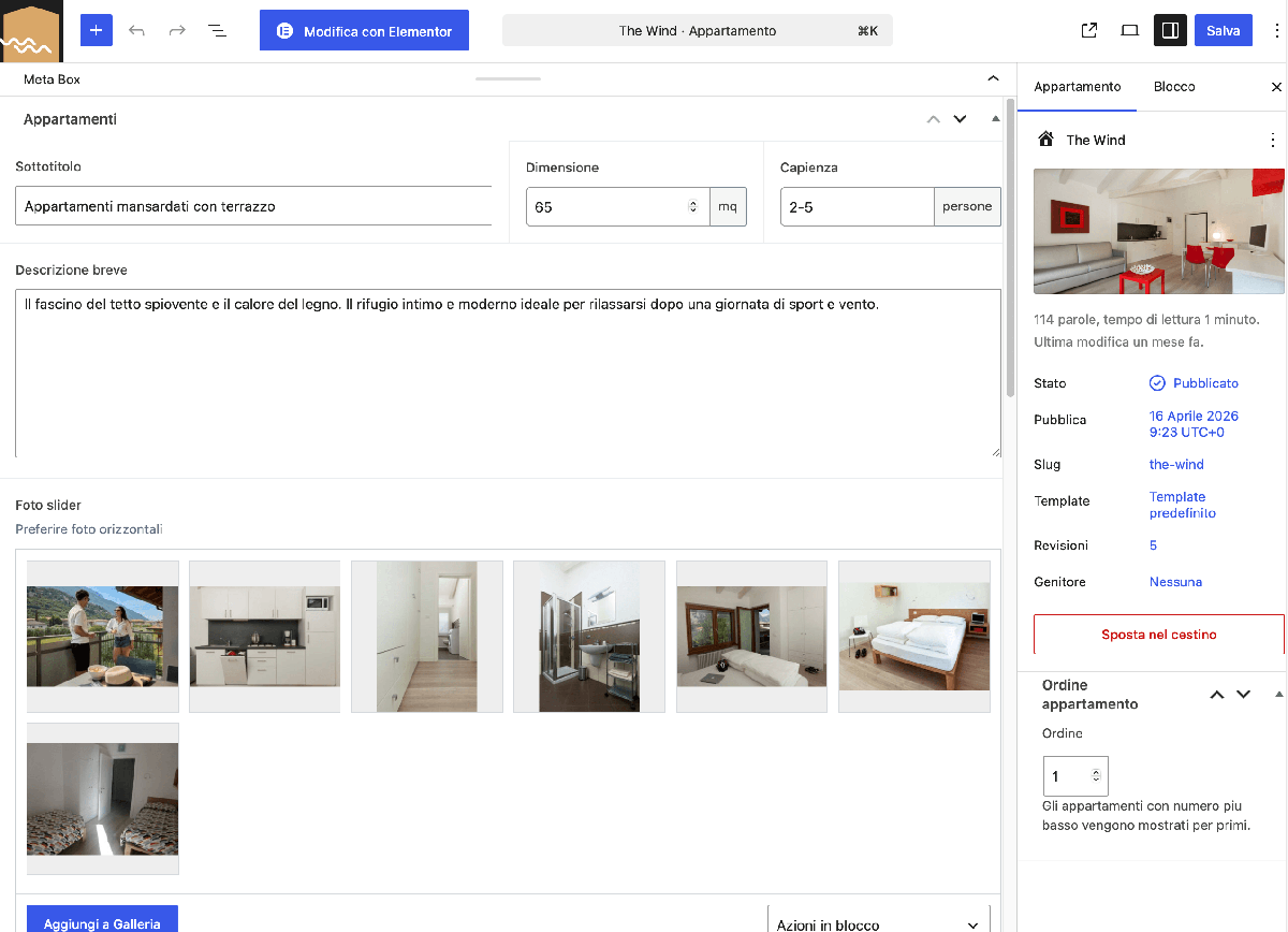 Casa Carla WordPress backend with a custom meta box for apartment configuration and a site options page with ACF fields for business name, VAT number, phone number and social links