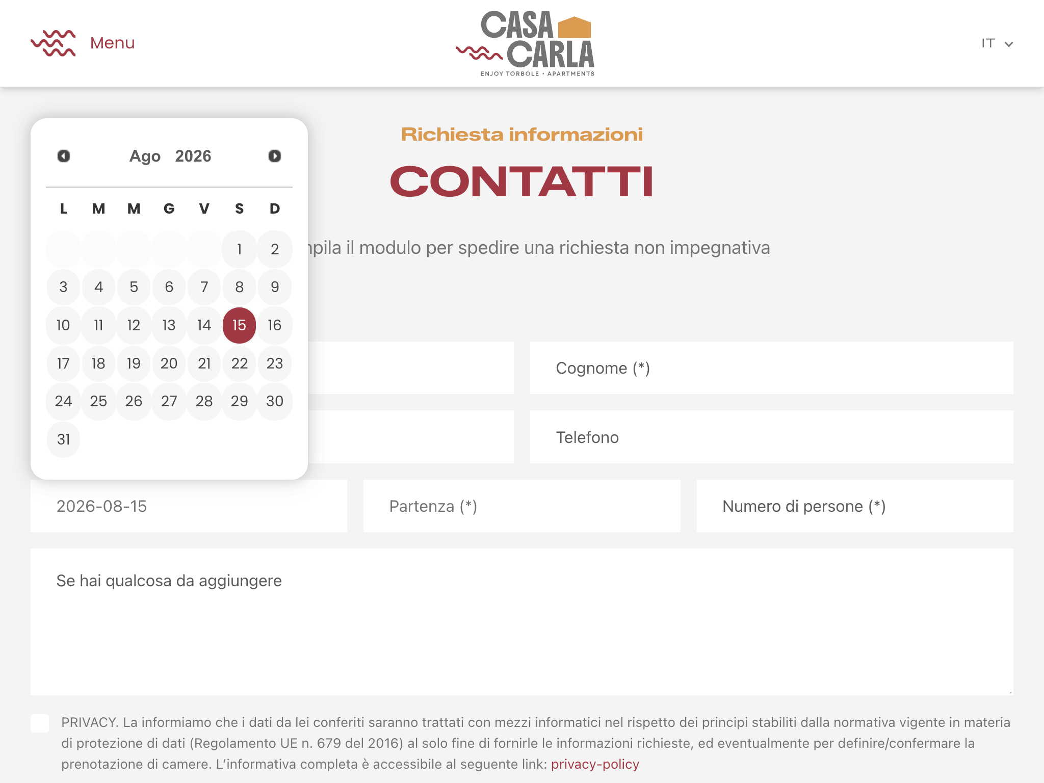Casa Carla contact page with information request form and booking date picker