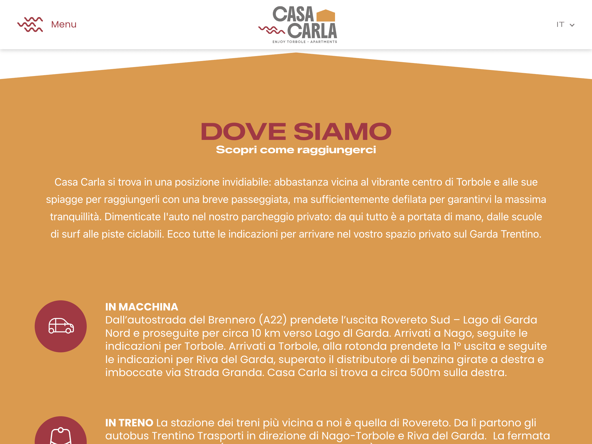 Casa Carla how to reach us section with travel directions and ochre brand palette