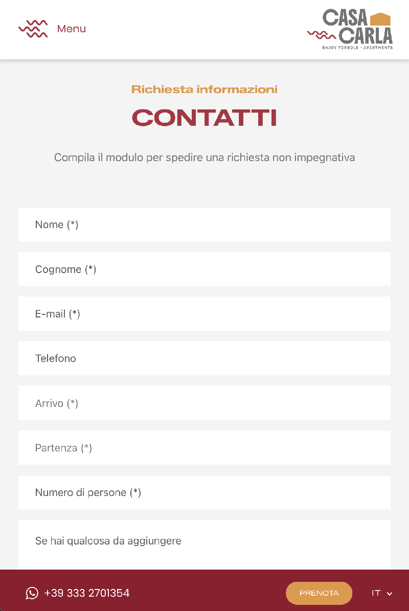 Casa Carla contact form on smartphone, with form fields and date picker optimized for touch