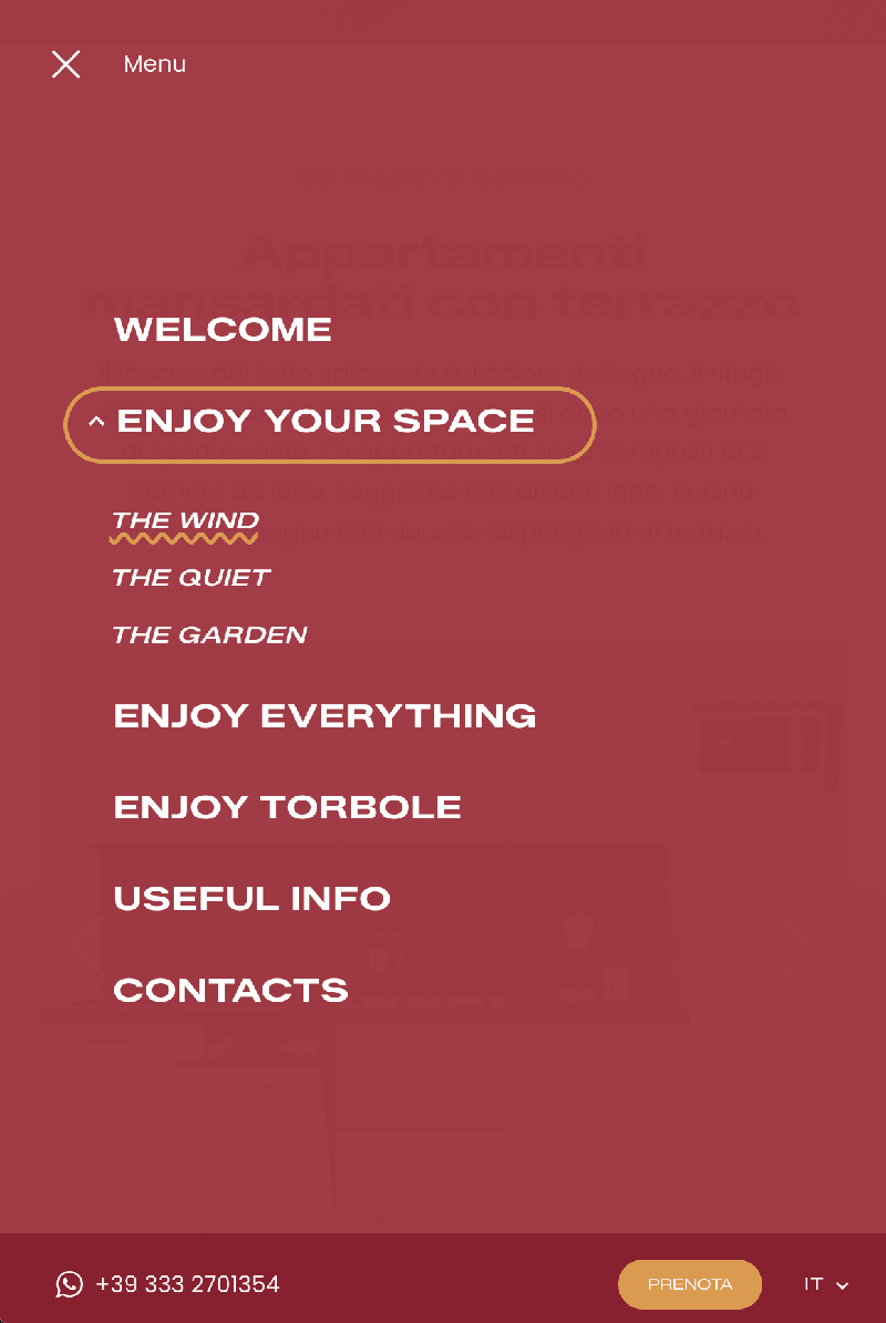 Casa Carla fullscreen menu open on smartphone, with primary navigation filling the screen