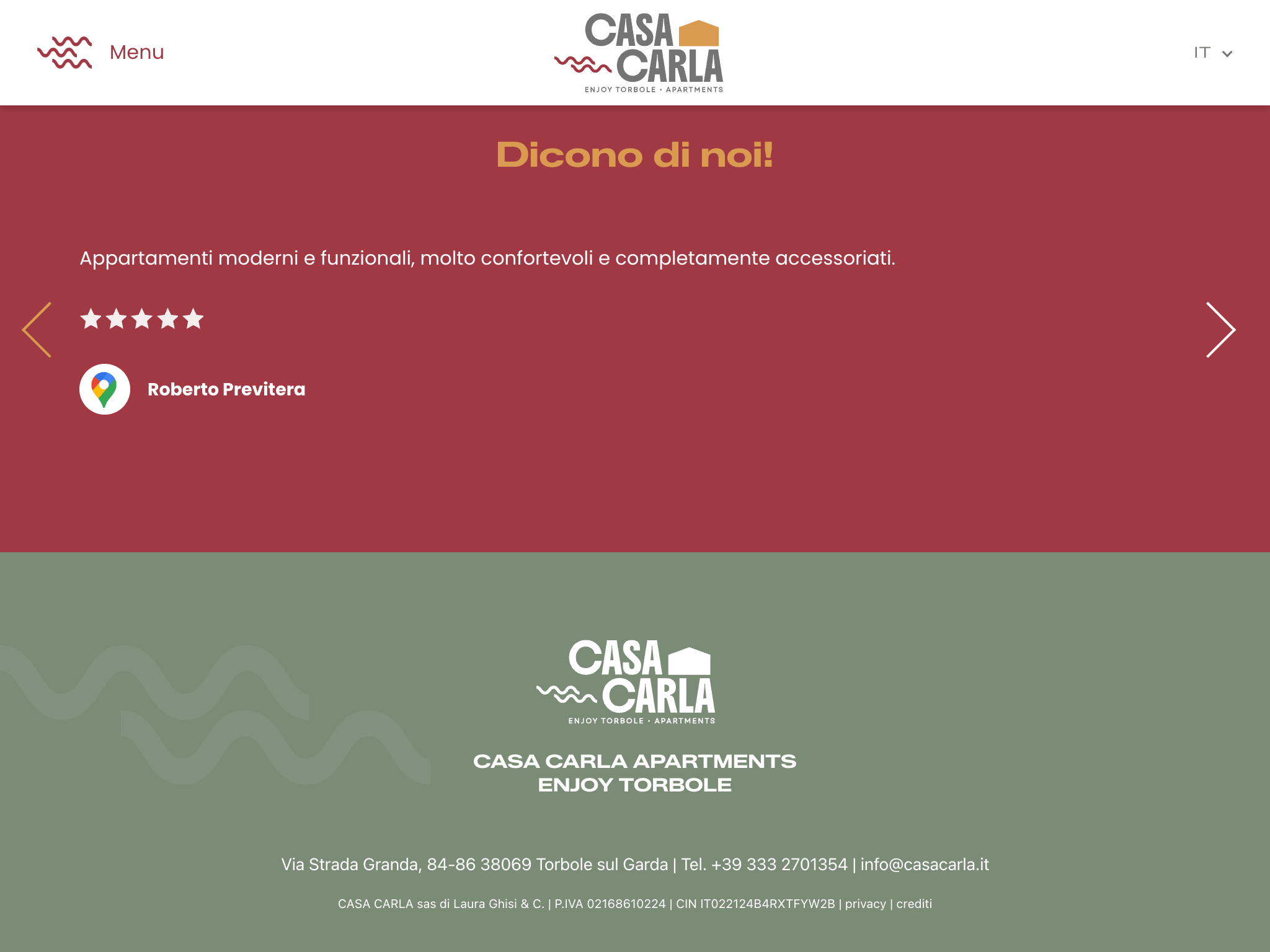 Casa Carla reviews slider and footer with branding, contact details and legal links