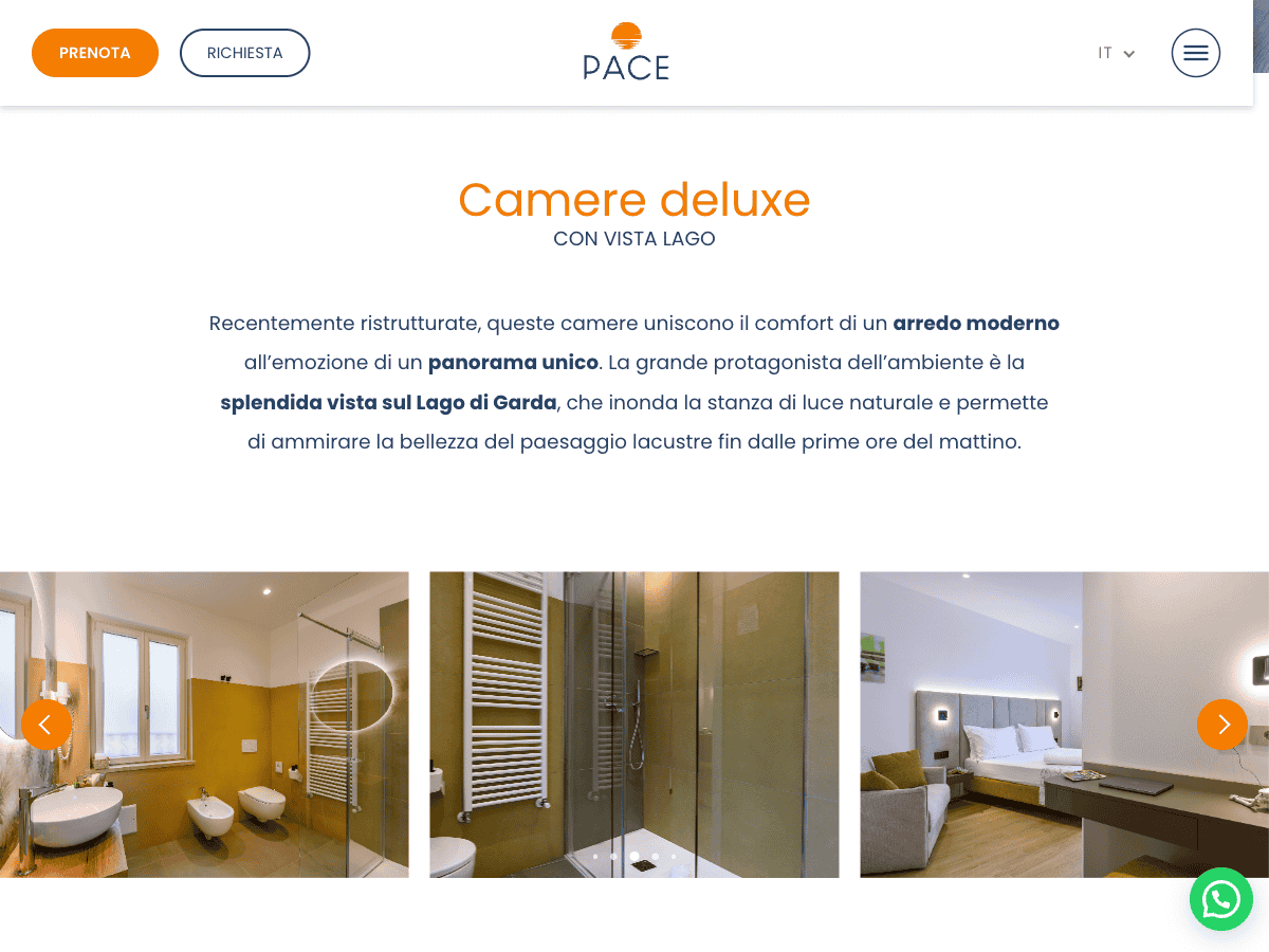 Hotel Pace room page with description, photo slider, amenity icons and room features