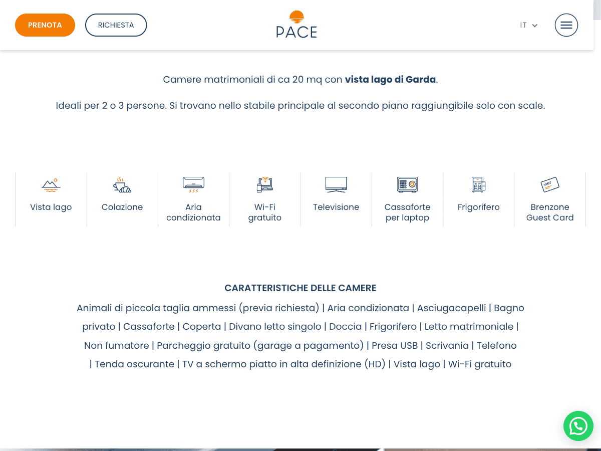 Hotel Pace room page with description, photo slider, amenity icons and room features