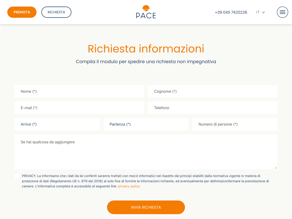 Hotel Pace contact form with name, email, arrival and departure dates and number of guests