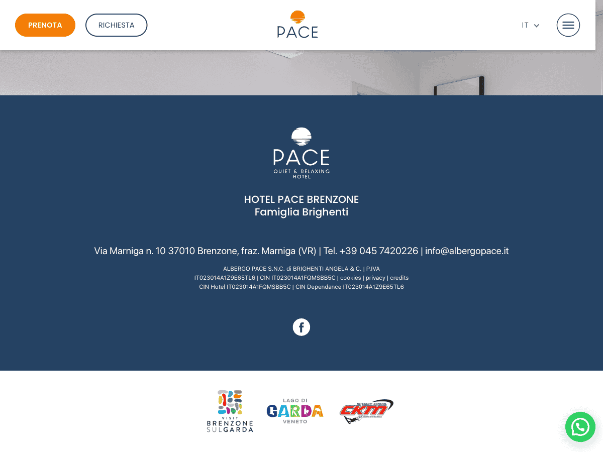 Hotel Pace footer with logo, contacts, legal links and local partner logos