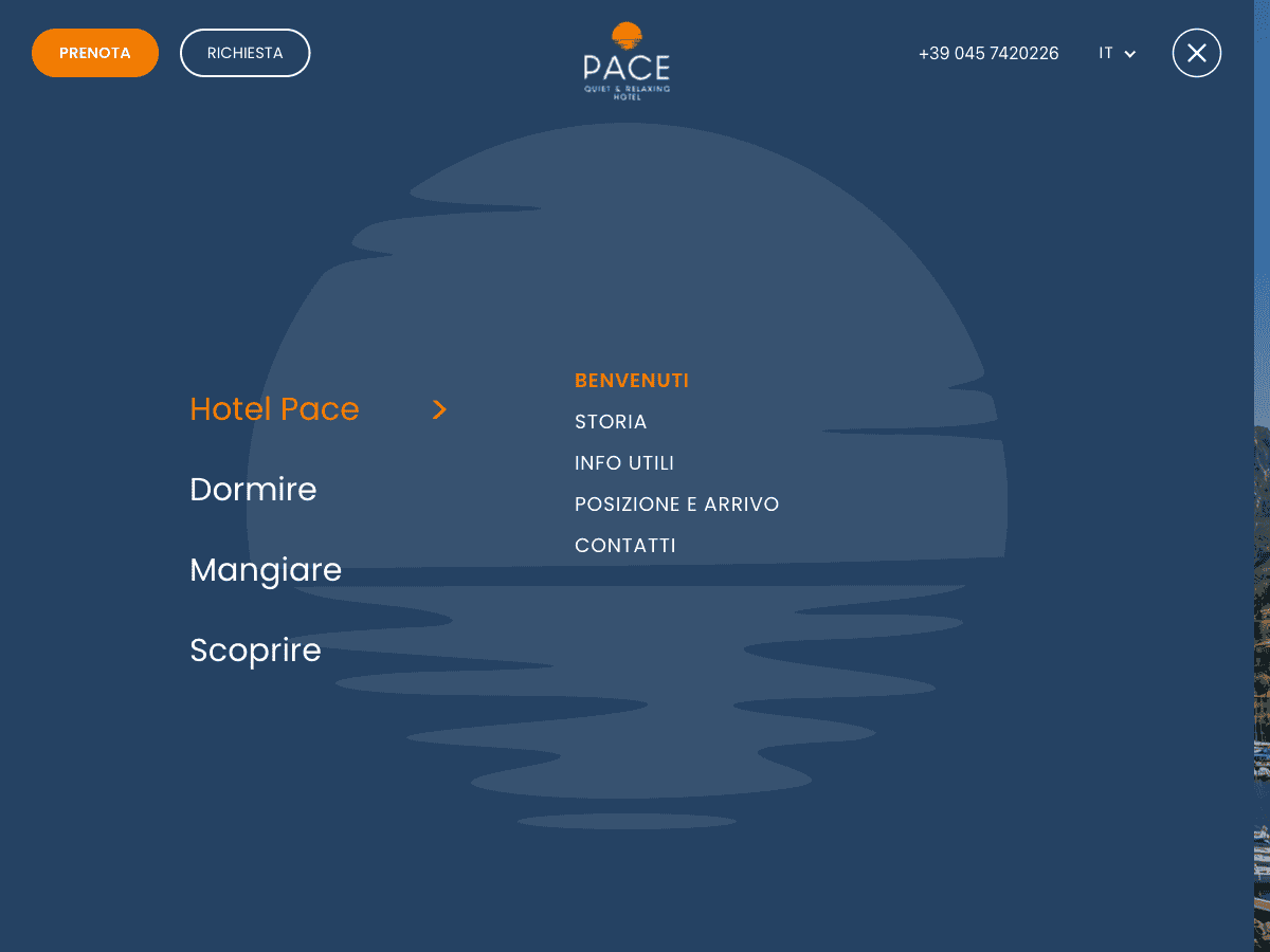 Hotel Pace fullscreen menu open on the Hotel Pace section, with the Stay, Eat and Explore entries
