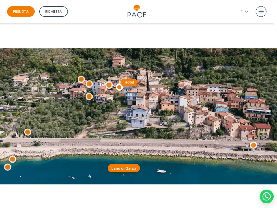 Mappa interattiva di Hotel Pace su foto aerea di Marniga, con i punti dell'hotel, della dependance e del lago