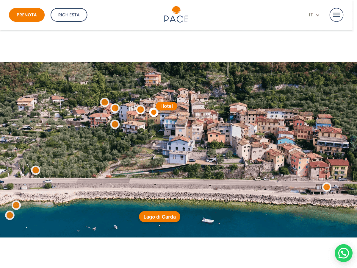 Hotel Pace interactive map on an aerial photo of Marniga, with points for the hotel, the annex and the lake