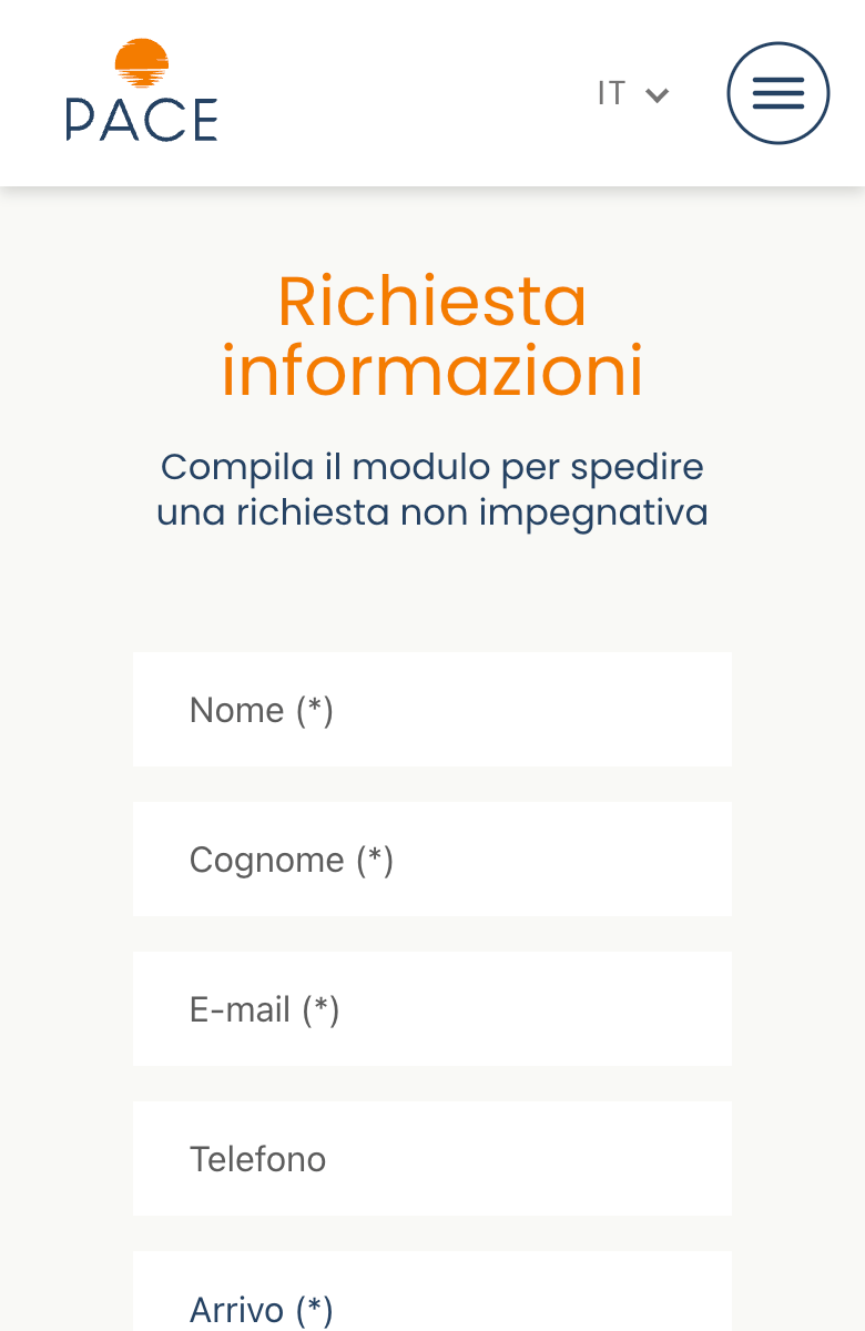 Hotel Pace contact form on smartphone, with stacked fields and the sticky bar