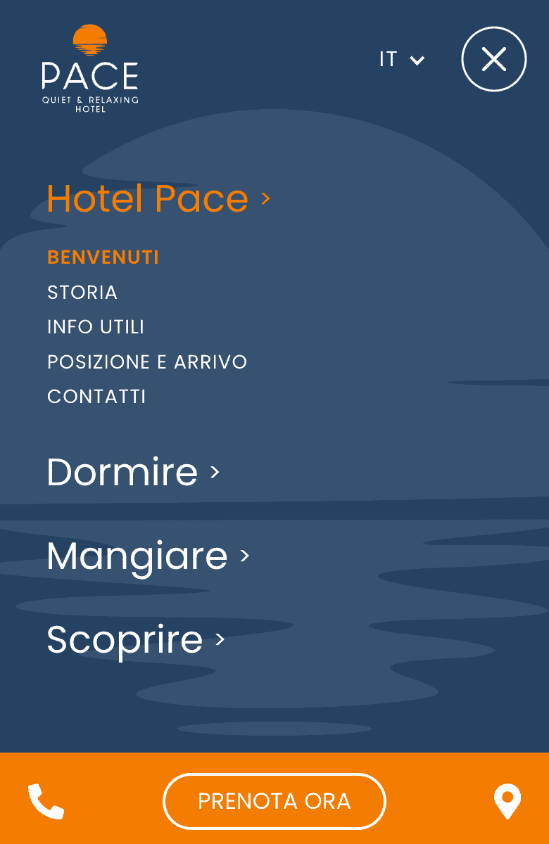 Hotel Pace fullscreen menu open on smartphone, with the sticky phone, book and map bar