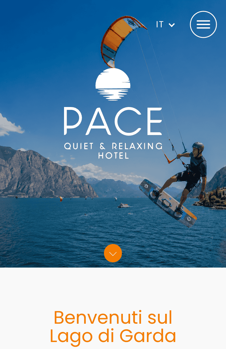 Hotel Pace homepage on smartphone with full-screen video and logo