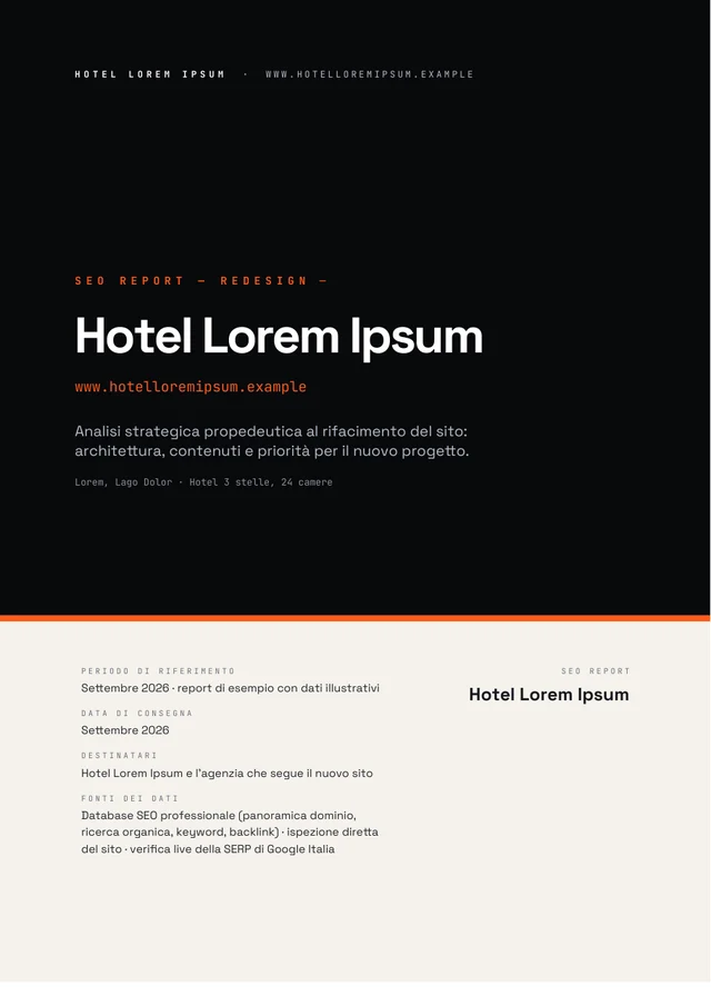 Copertina del report SEO di esempio per Hotel Lorem Ipsum