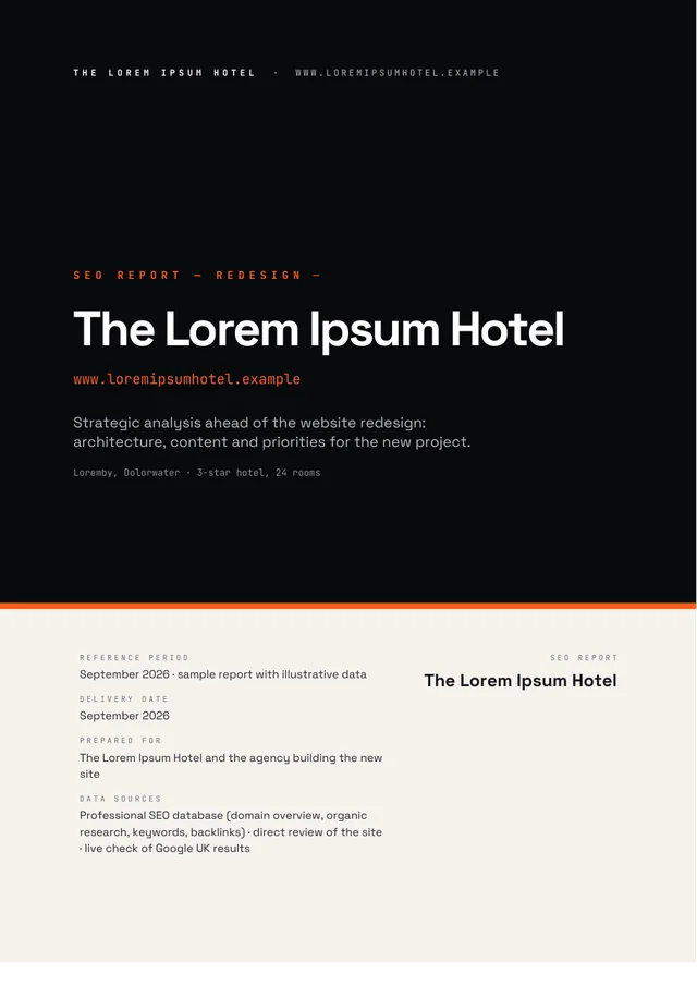 Cover of the sample SEO report for The Lorem Ipsum Hotel